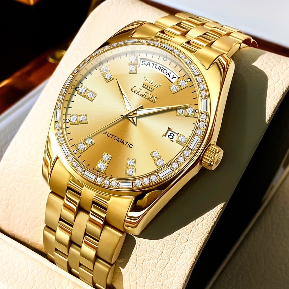 OLEVS Diamond Bezel Day Date Automatic Mechanical Watch 9802 for Men - Full Gold Watch | Olevs Watch Store