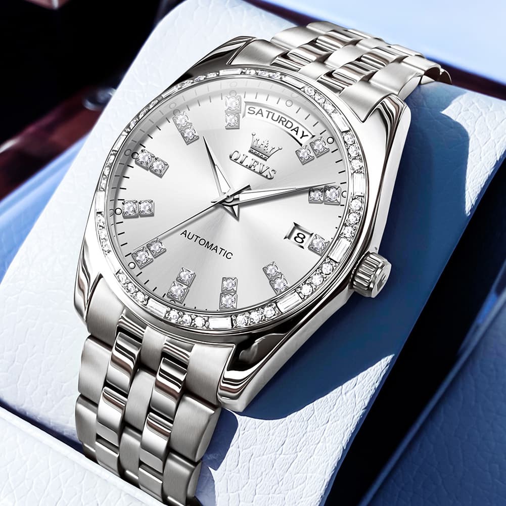 OLEVS Diamond Bezel Day Date Automatic Mechanical Watch 9802 for Men - Silver Color Watch | Olevs Watch Store