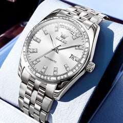 OLEVS Diamond Bezel Day Date Automatic Mechanical Watch 9802 for Men - Silver Color Watch | Olevs Watch Store