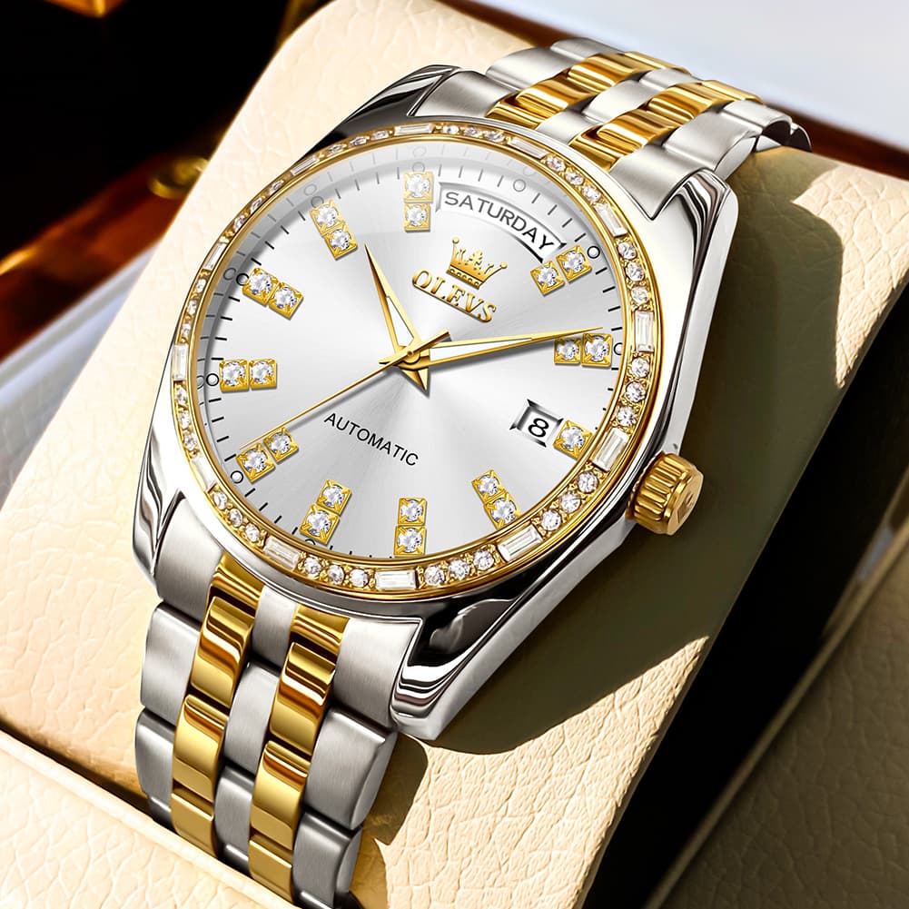 OLEVS Diamond Bezel Day Date Automatic Mechanical Watch 9802 for Men - Silver Golden Watch | Olevs Watch Store