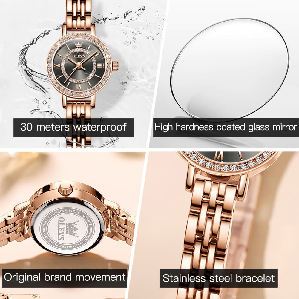 OLEVS Diamond Bezel Jewelry Bracelet Watch 5508 Petite Quartz for Women - Rose Gold Black Watch | Olevs Watch Store