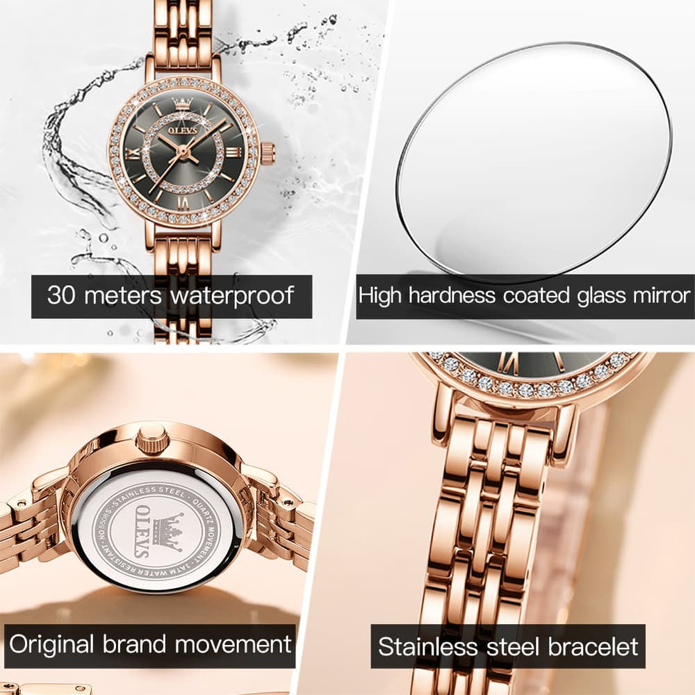 OLEVS Diamond Bezel Jewelry Bracelet Watch 5508 Petite Quartz for Women - Rose Gold Black Watch | Olevs Watch Store