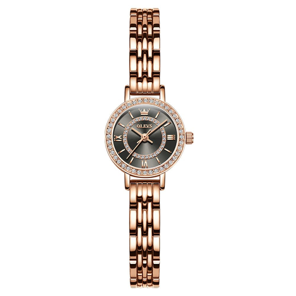 OLEVS Diamond Bezel Jewelry Bracelet Watch 5508 Petite Quartz for Women - Rose Gold Black Watch | Olevs Watch Store