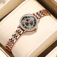 OLEVS Diamond Bezel Jewelry Bracelet Watch 5508 Petite Quartz for Women - Rose Gold Black Watch | Olevs Watch Store