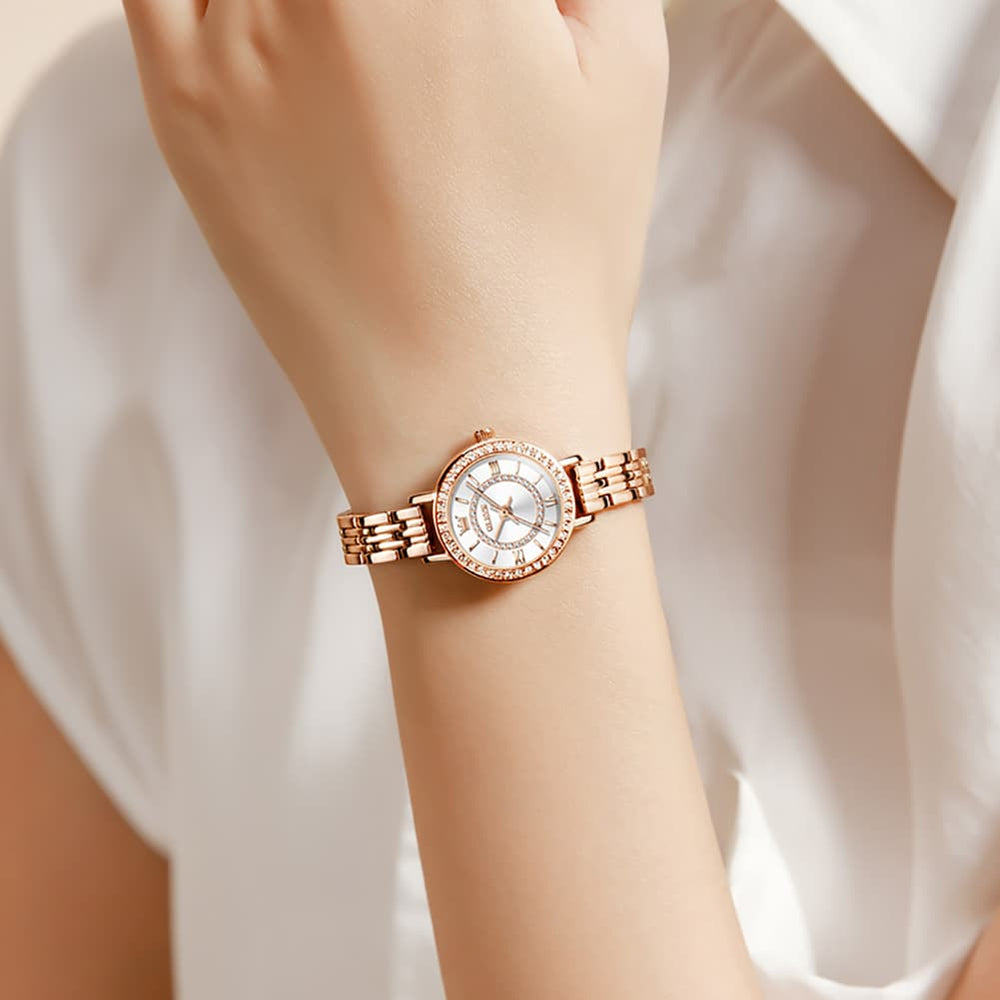 OLEVS Diamond Bezel Jewelry Bracelet Watch 5508 Petite Quartz for Women - Rose Gold Black Watch | Olevs Watch Store