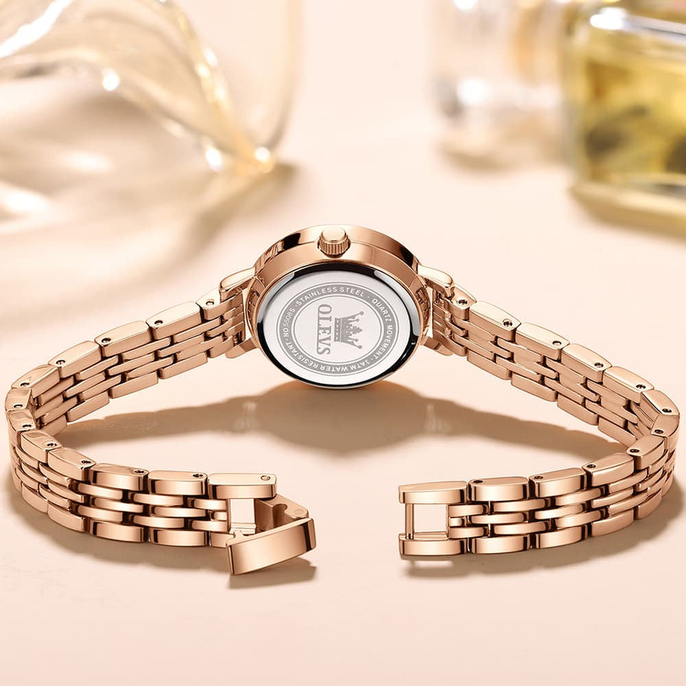 OLEVS Diamond Bezel Jewelry Bracelet Watch 5508 Petite Quartz for Women - Rose Gold Black Watch | Olevs Watch Store
