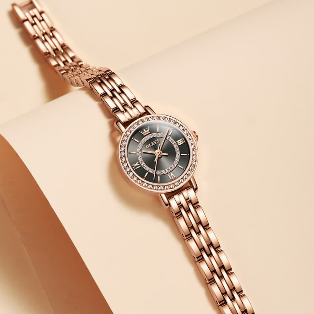 OLEVS Diamond Bezel Jewelry Bracelet Watch 5508 Petite Quartz for Women - Rose Gold Black Watch | Olevs Watch Store