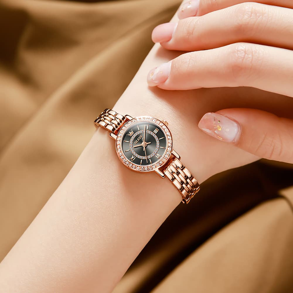 OLEVS Diamond Bezel Jewelry Bracelet Watch 5508 Petite Quartz for Women - Rose Gold Black Watch | Olevs Watch Store