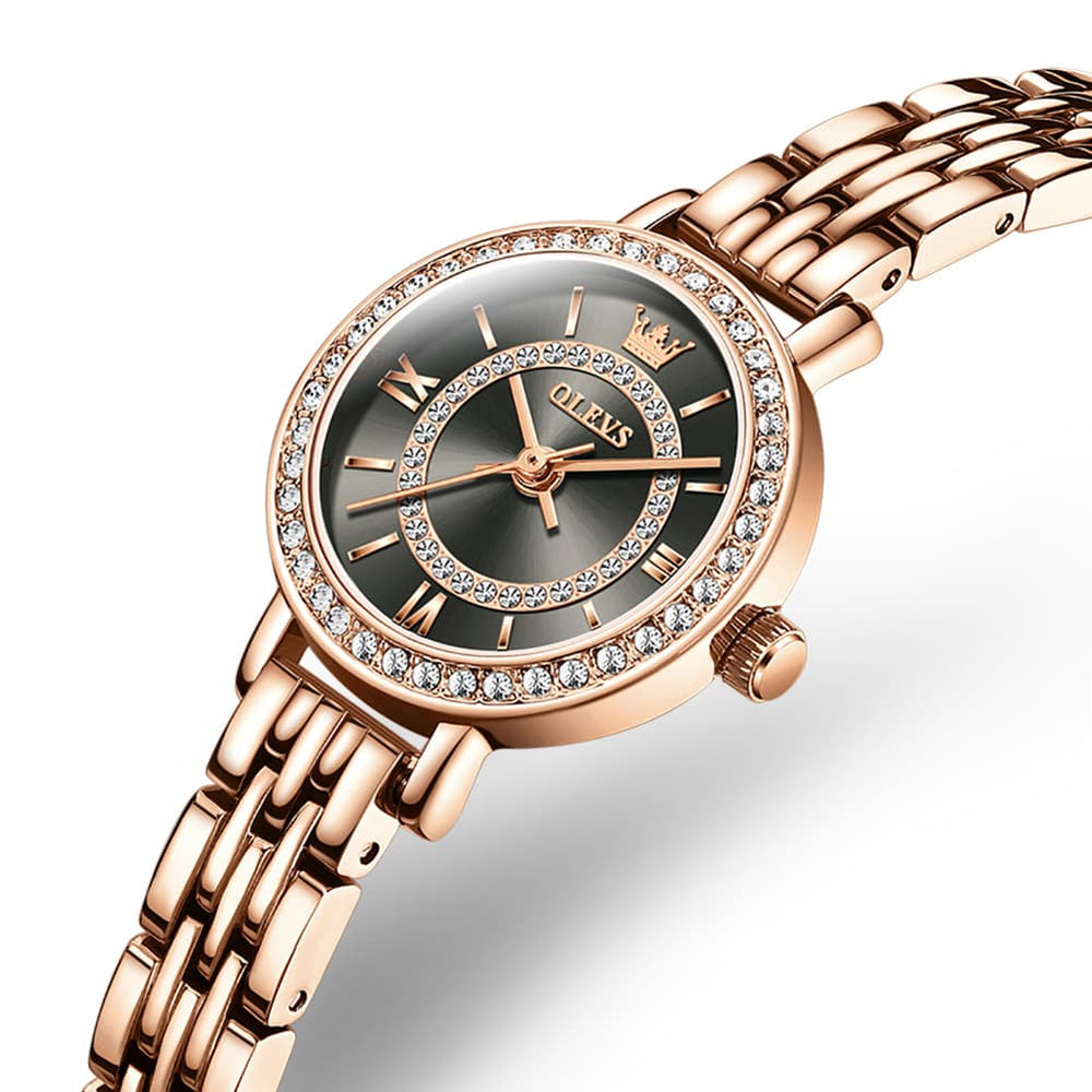 OLEVS Diamond Bezel Jewelry Bracelet Watch 5508 Petite Quartz for Women - Rose Gold Black Watch | Olevs Watch Store
