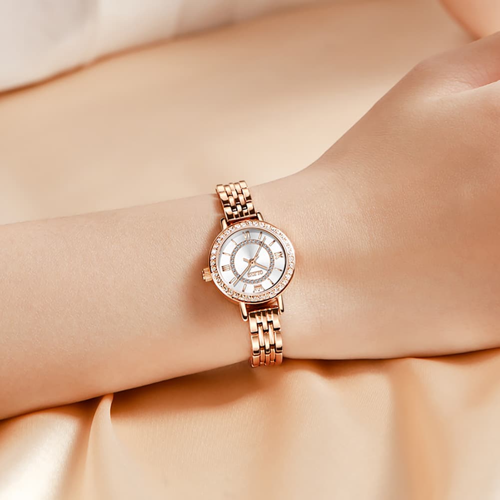 OLEVS Diamond Bezel Jewelry Bracelet Watch 5508 Petite Quartz for Women - Rose Gold Black Watch | Olevs Watch Store
