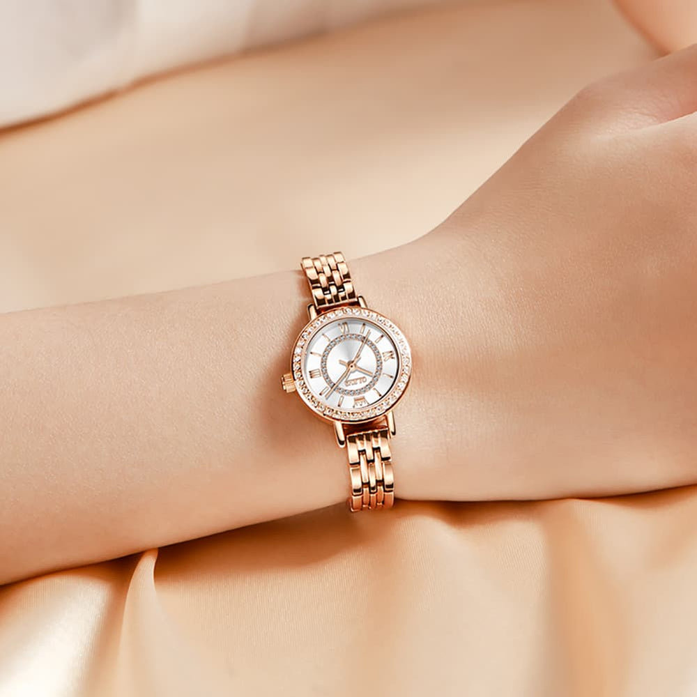 OLEVS Diamond Bezel Jewelry Bracelet Watch 5508 Petite Quartz for Women - Rose Gold Black Watch | Olevs Watch Store