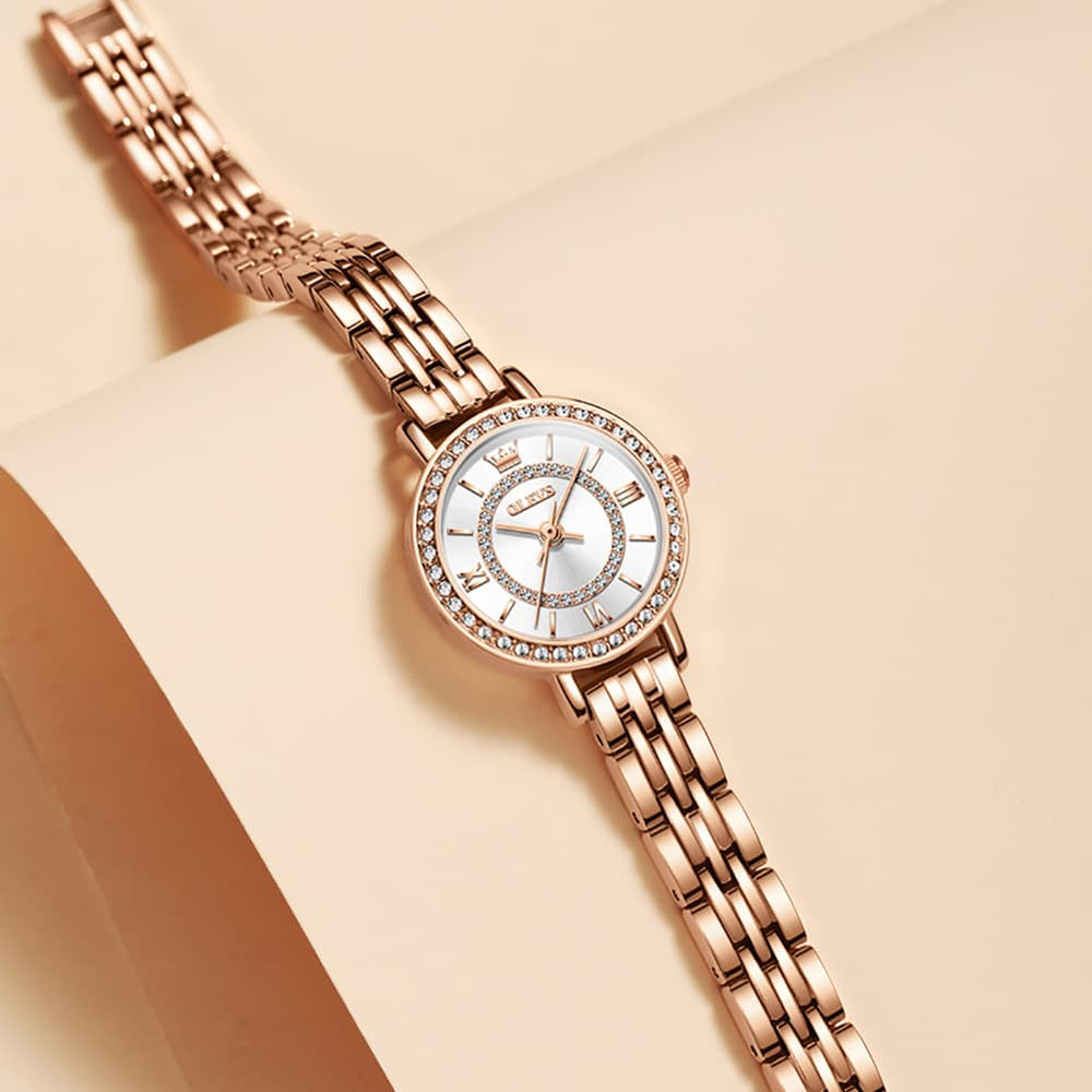 OLEVS Diamond Bezel Jewelry Bracelet Watch 5508 Petite Quartz for Women - Rose Gold Black Watch | Olevs Watch Store