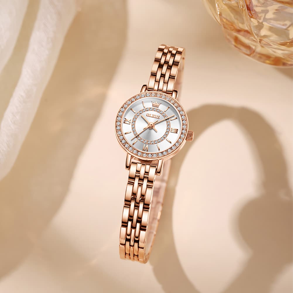 OLEVS Diamond Bezel Jewelry Bracelet Watch 5508 Petite Quartz for Women - Rose Gold Black Watch | Olevs Watch Store