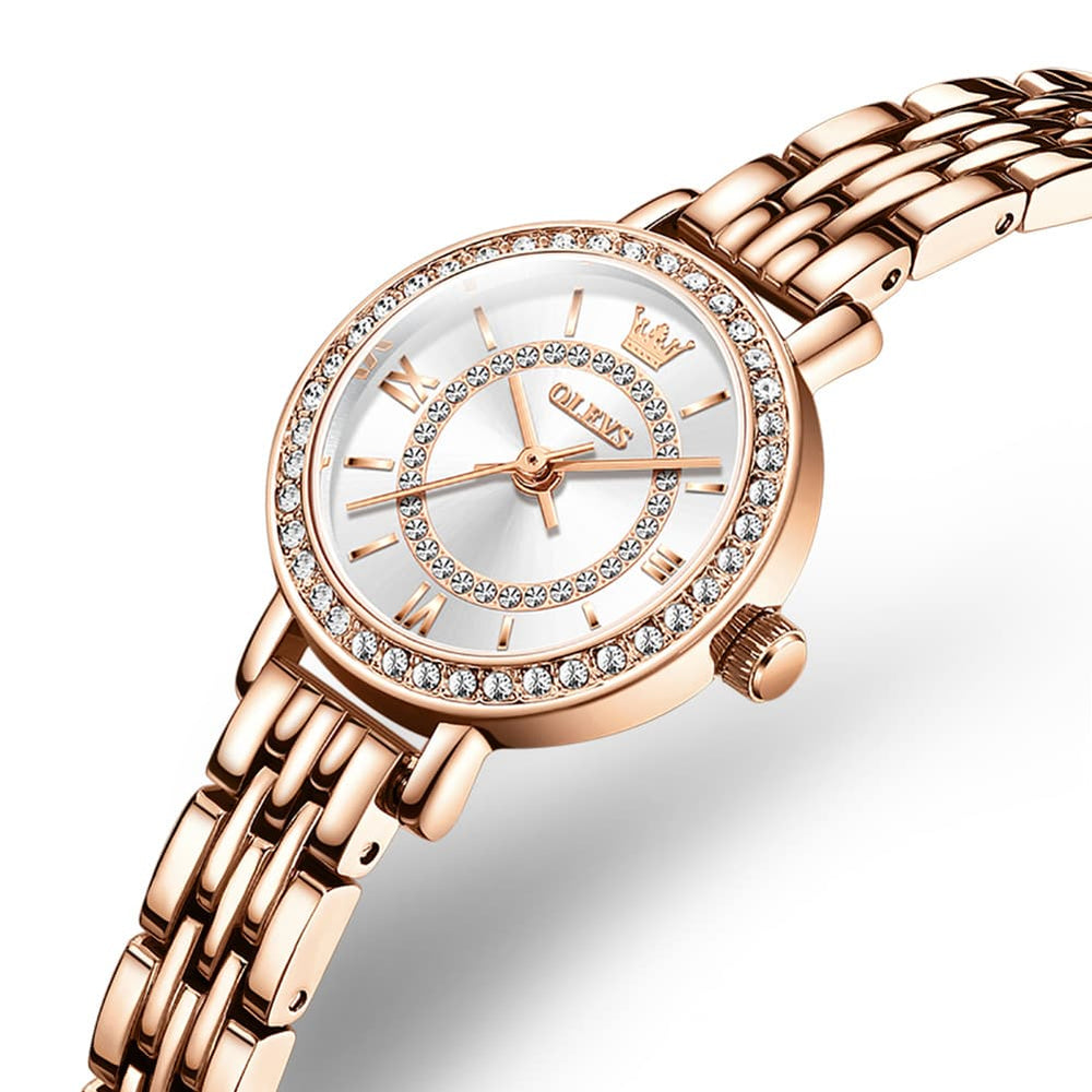 OLEVS Diamond Bezel Jewelry Bracelet Watch 5508 Petite Quartz for Women - Rose Gold White Watch | Olevs Watch Store
