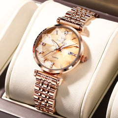 OLEVS Diamond Cut Crystal Dress Watch for Women Stainless Steel 5536 - Champagne Gold Watch | Olevs Watch Store