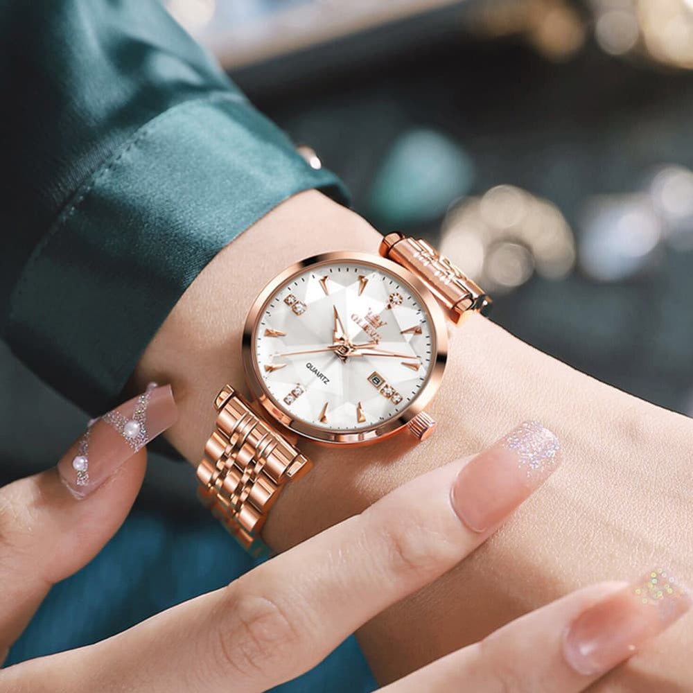 OLEVS Diamond Cut Crystal Dress Watch for Women Stainless Steel 5536 - Pearl White Watch | Olevs Watch Store