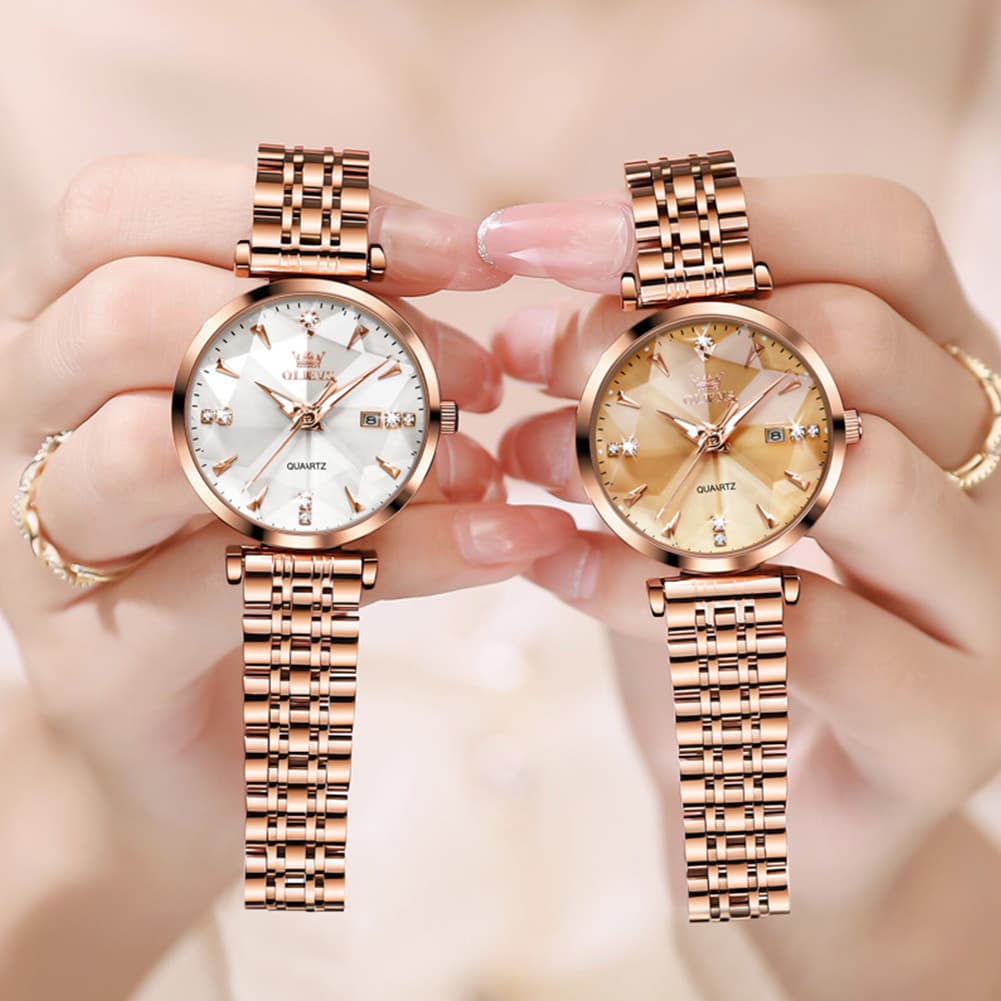 OLEVS Diamond Cut Crystal Dress Watch for Women Stainless Steel 5536 - Pearl White Watch | Olevs Watch Store