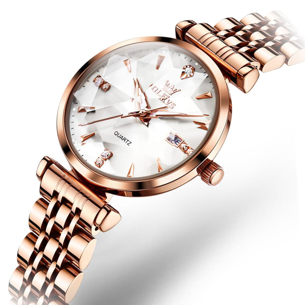 OLEVS Diamond Cut Crystal Dress Watch for Women Stainless Steel 5536 - Pearl White Watch | Olevs Watch Store