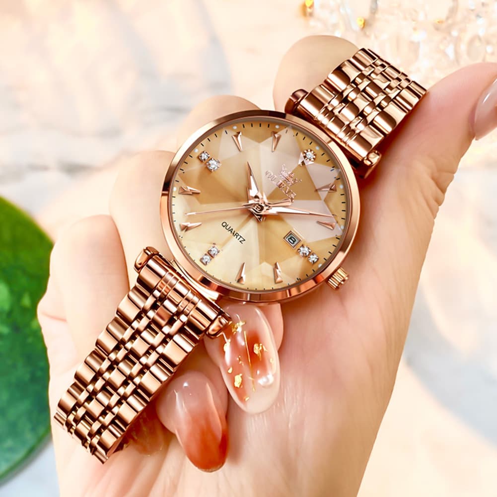OLEVS Diamond Cut Crystal Dress Watch for Women Stainless Steel 5536 - Pearl White Watch | Olevs Watch Store