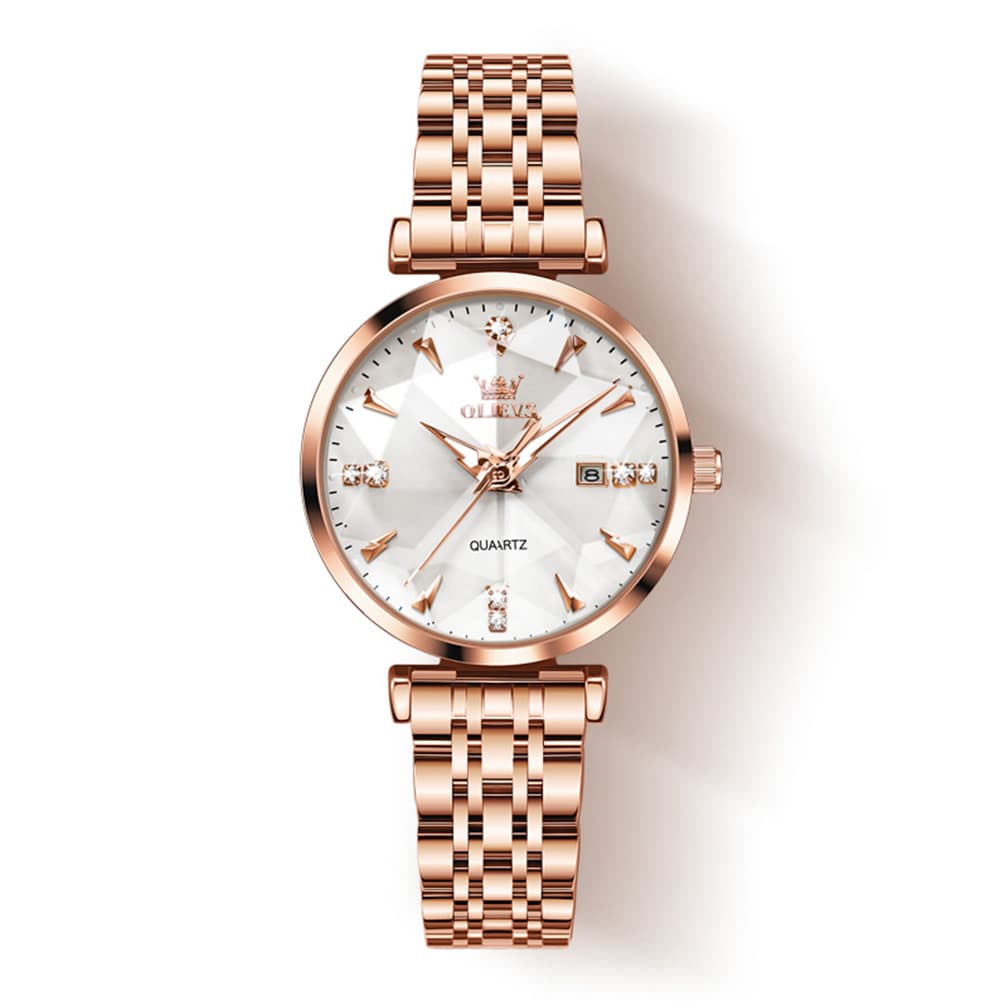 OLEVS Diamond Cut Crystal Dress Watch for Women Stainless Steel 5536 - Pearl White Watch | Olevs Watch Store