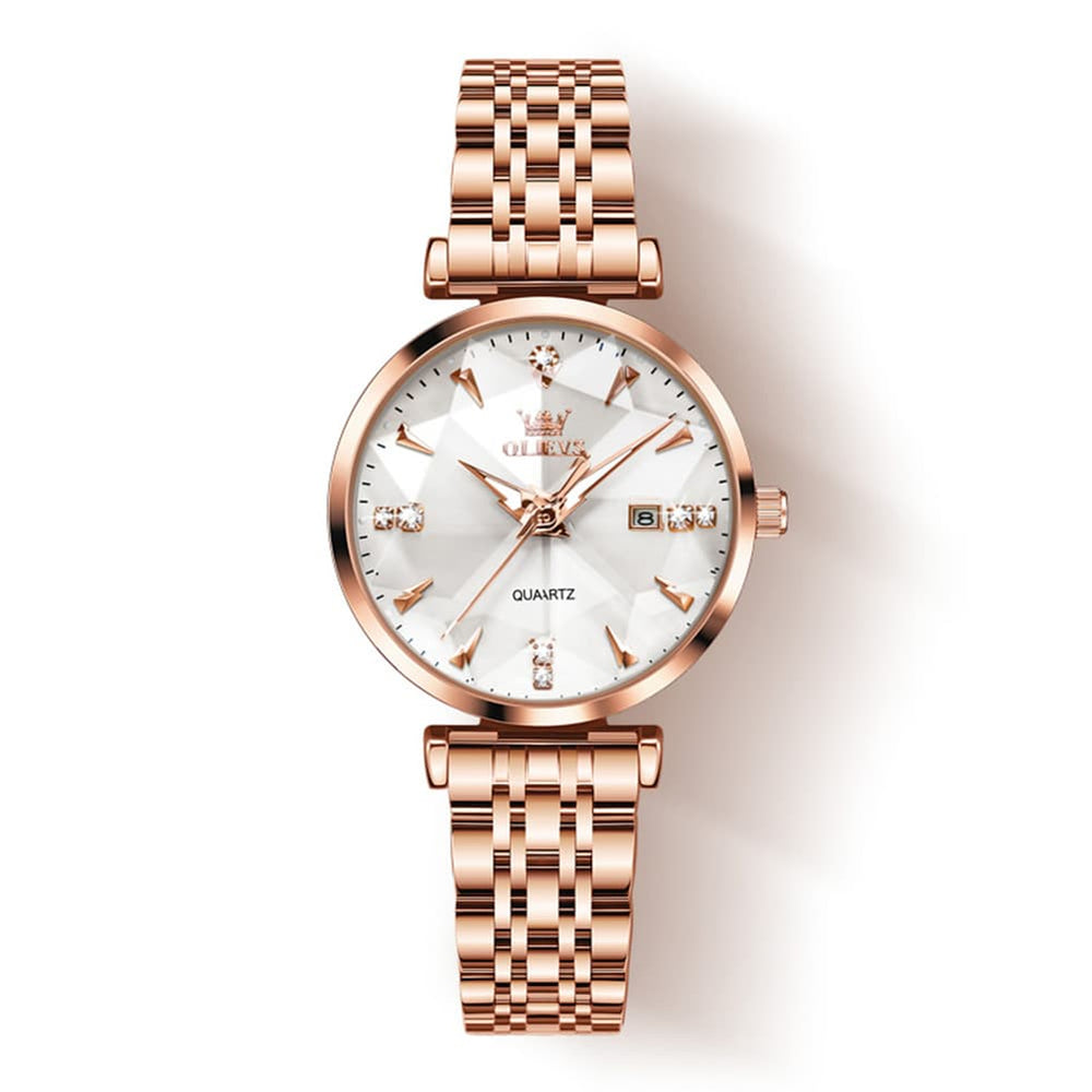OLEVS Diamond Cut Crystal Dress Watch for Women Stainless Steel 5536 - Pearl White Watch | Olevs Watch Store