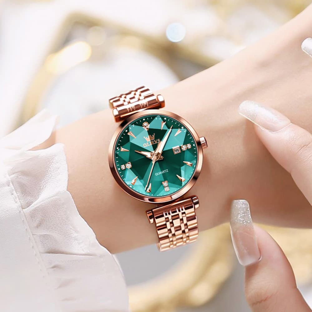OLEVS Diamond Cut Crystal Dress Watch for Women Stainless Steel 5536 - Pearl White Watch | Olevs Watch Store