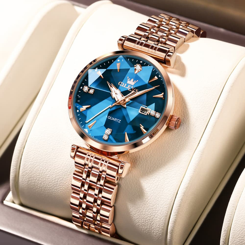 OLEVS Diamond Cut Crystal Dress Watch for Women Stainless Steel 5536 - Royal Blue Watch | Olevs Watch Store
