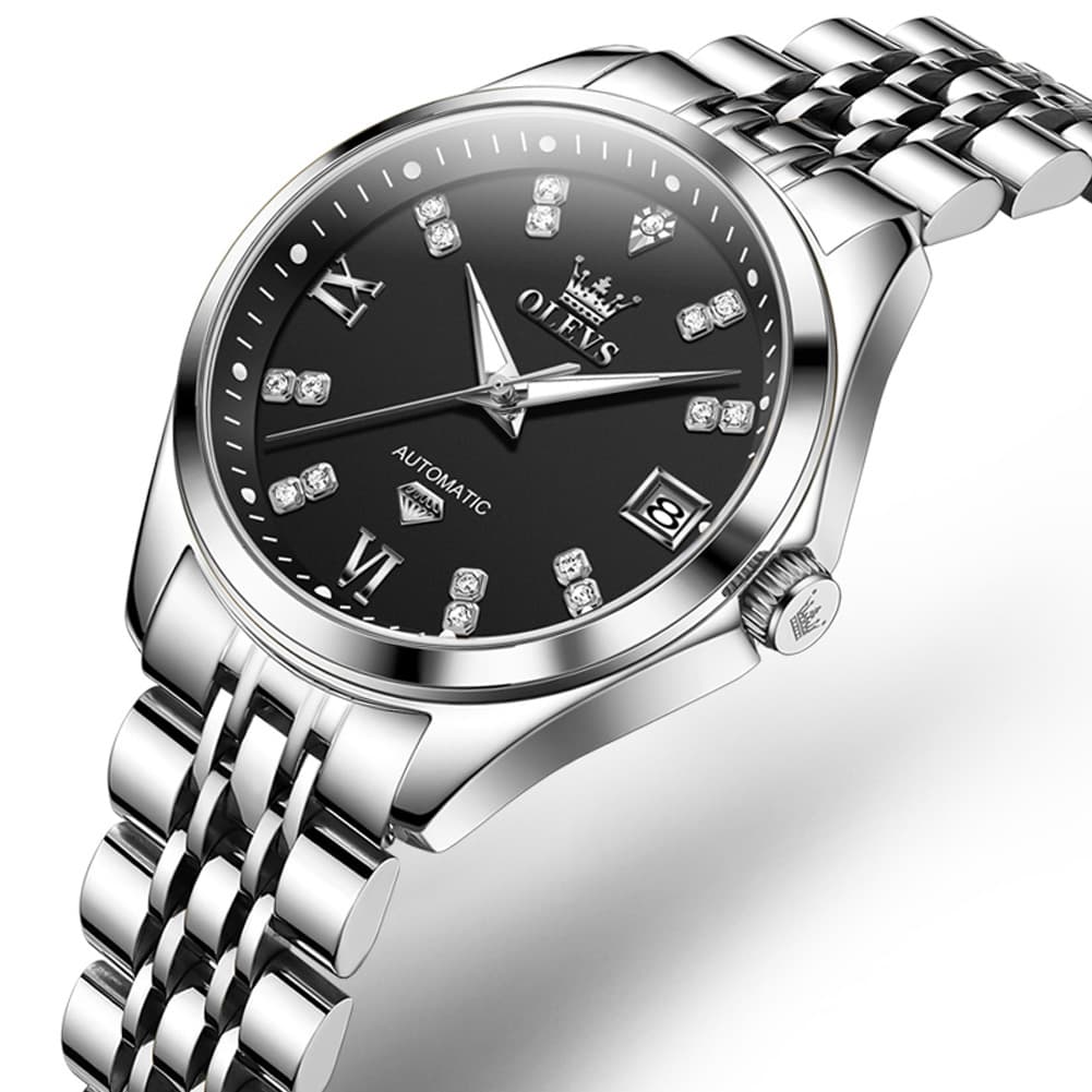 OLEVS Diamond Dial Automatic Mechanical Watch 9801 Date Display for Women - Silver Black Watch | Olevs Watch Store