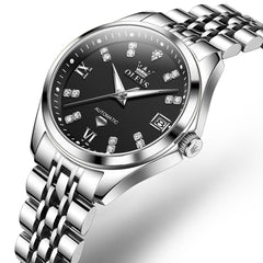 OLEVS Diamond Dial Automatic Mechanical Watch 9801 Date Display for Women - Silver Black Watch | Olevs Watch Store