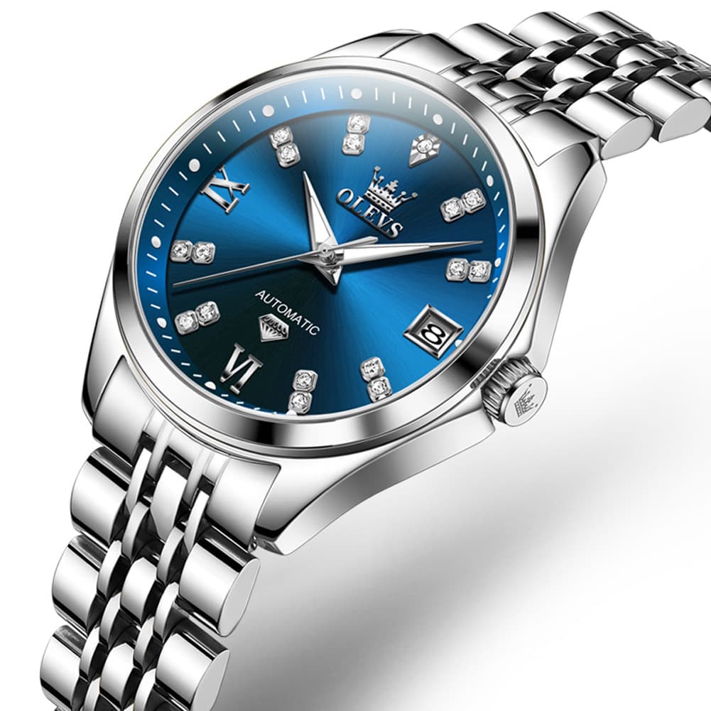 OLEVS Diamond Dial Automatic Mechanical Watch 9801 Date Display for Women - Silver Blue Watch | Olevs Watch Store