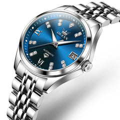 OLEVS Diamond Dial Automatic Mechanical Watch 9801 Date Display for Women - Silver Blue Watch | Olevs Watch Store