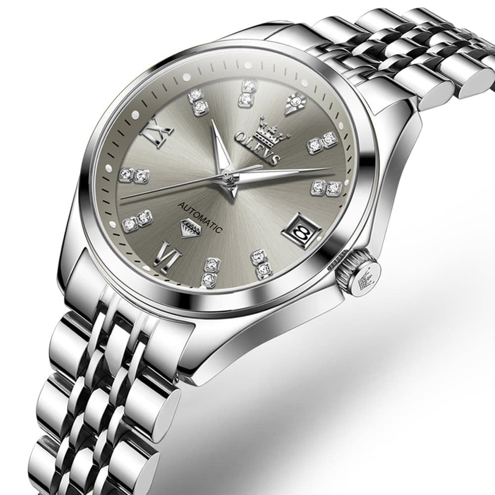 OLEVS Diamond Dial Automatic Mechanical Watch 9801 Date Display for Women - Silver Grey Watch | Olevs Watch Store