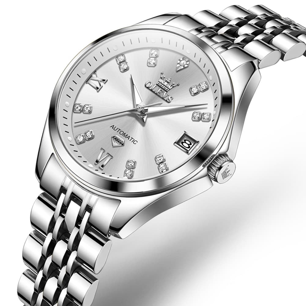 OLEVS Diamond Dial Automatic Mechanical Watch 9801 Date Display for Women - Silver White Watch | Olevs Watch Store