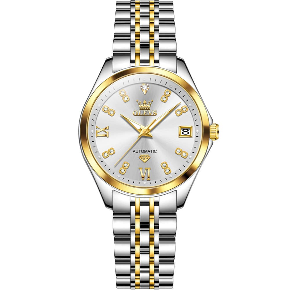 OLEVS Diamond Dial Automatic Mechanical Watch 9801 Date Display for Women - Two Tone Blue Watch | Olevs Watch Store