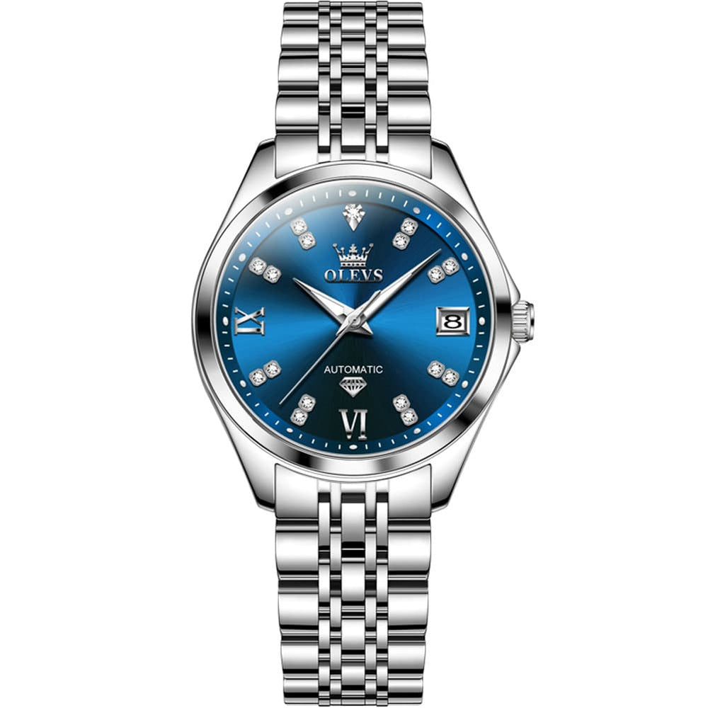 OLEVS Diamond Dial Automatic Mechanical Watch 9801 Date Display for Women - Two Tone Blue Watch | Olevs Watch Store