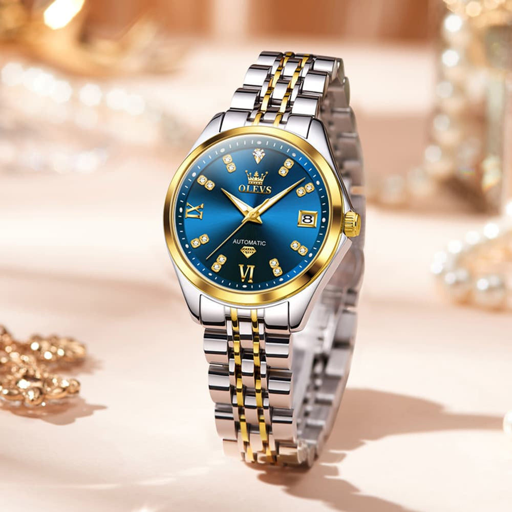 OLEVS Diamond Dial Automatic Mechanical Watch 9801 Date Display for Women - Two Tone Blue Watch | Olevs Watch Store