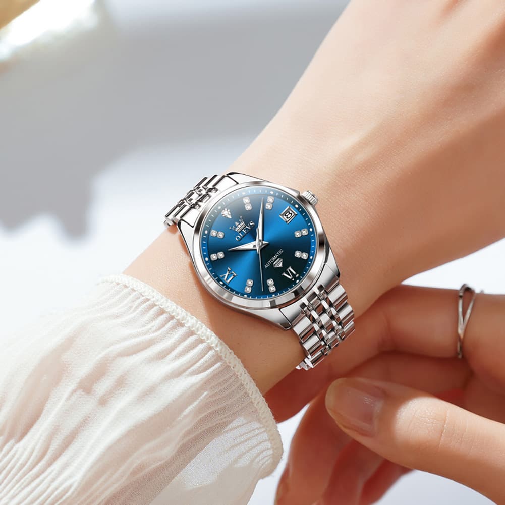 OLEVS Diamond Dial Automatic Mechanical Watch 9801 Date Display for Women - Two Tone Blue Watch | Olevs Watch Store