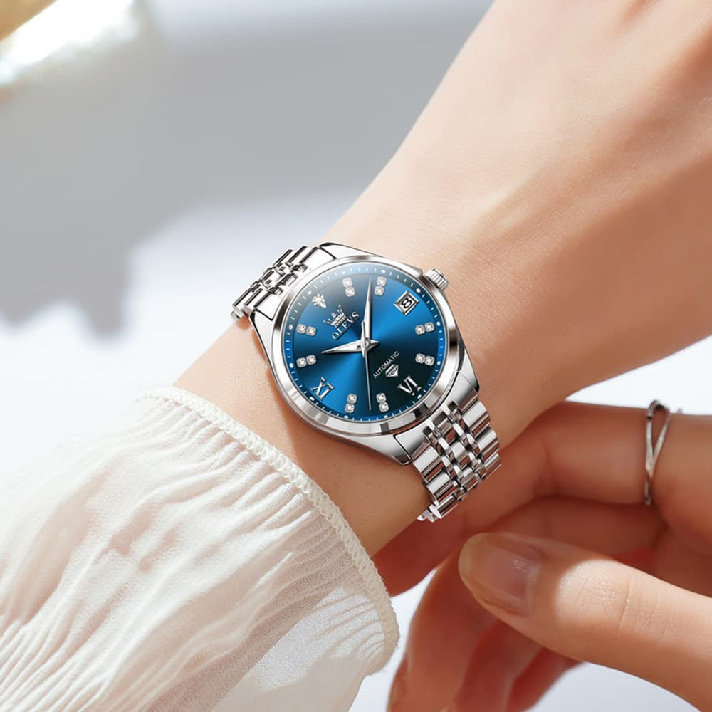 OLEVS Diamond Dial Automatic Mechanical Watch 9801 Date Display for Women - Two Tone Blue Watch | Olevs Watch Store