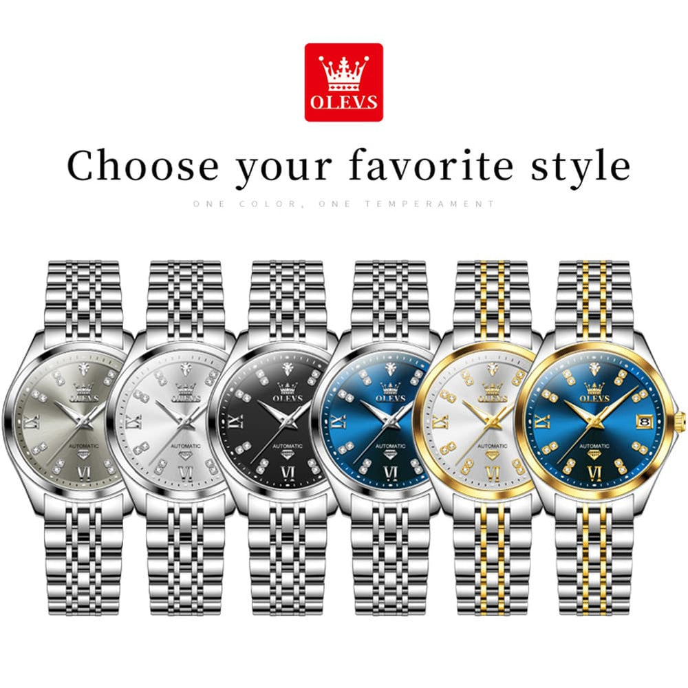 OLEVS Diamond Dial Automatic Mechanical Watch 9801 Date Display for Women - Two Tone Blue Watch | Olevs Watch Store