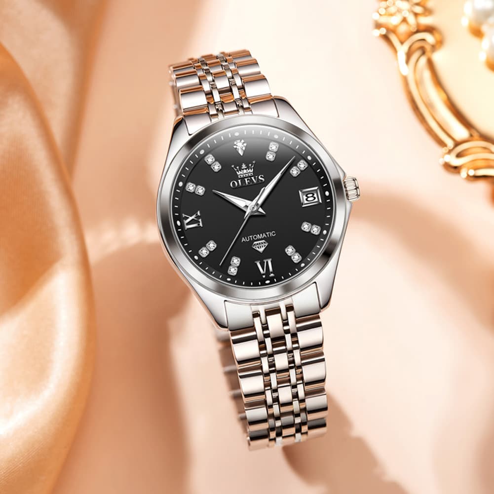 OLEVS Diamond Dial Automatic Mechanical Watch 9801 Date Display for Women - Two Tone Blue Watch | Olevs Watch Store