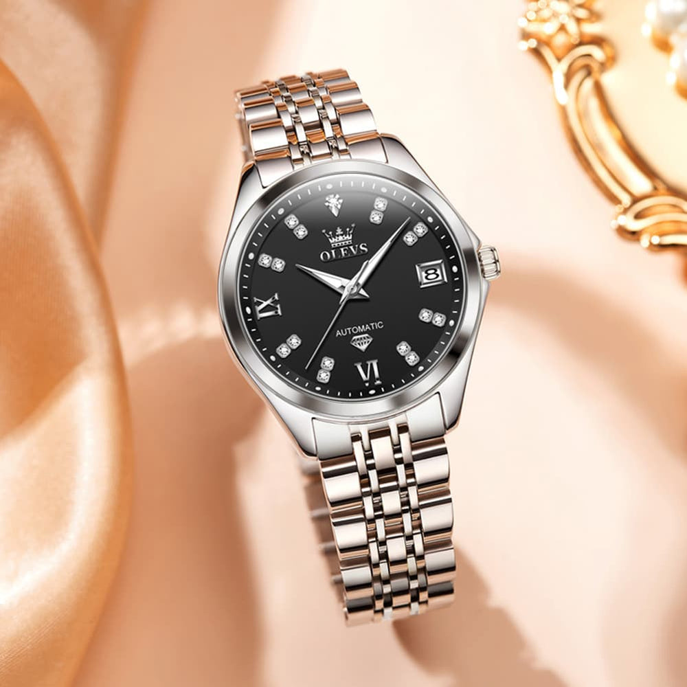 OLEVS Diamond Dial Automatic Mechanical Watch 9801 Date Display for Women - Two Tone Blue Watch | Olevs Watch Store