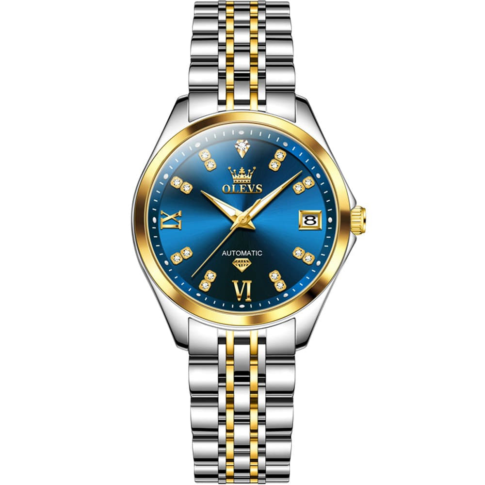OLEVS Diamond Dial Automatic Mechanical Watch 9801 Date Display for Women - Two Tone Blue Watch | Olevs Watch Store