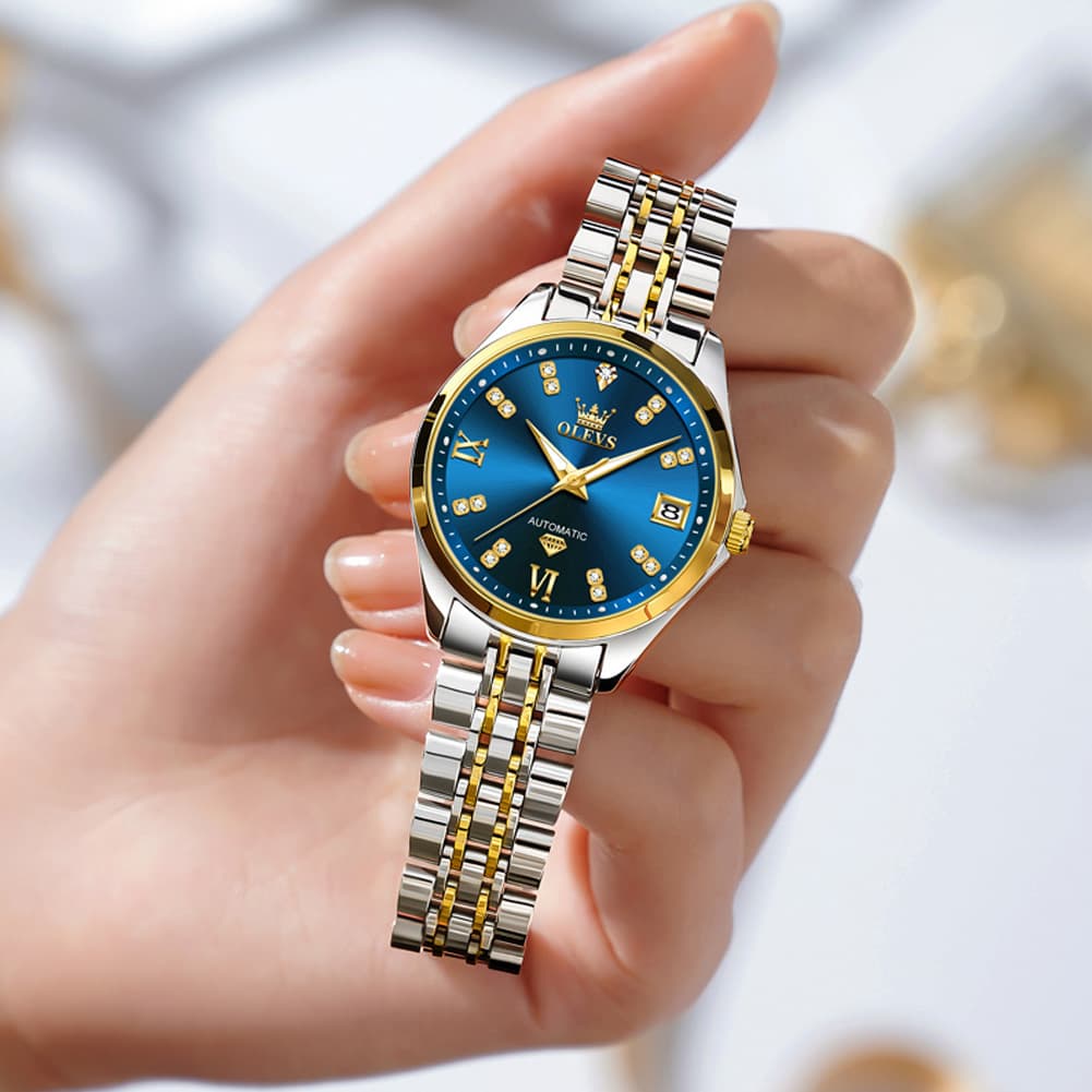 OLEVS Diamond Dial Automatic Mechanical Watch 9801 Date Display for Women - Two Tone Blue Watch | Olevs Watch Store