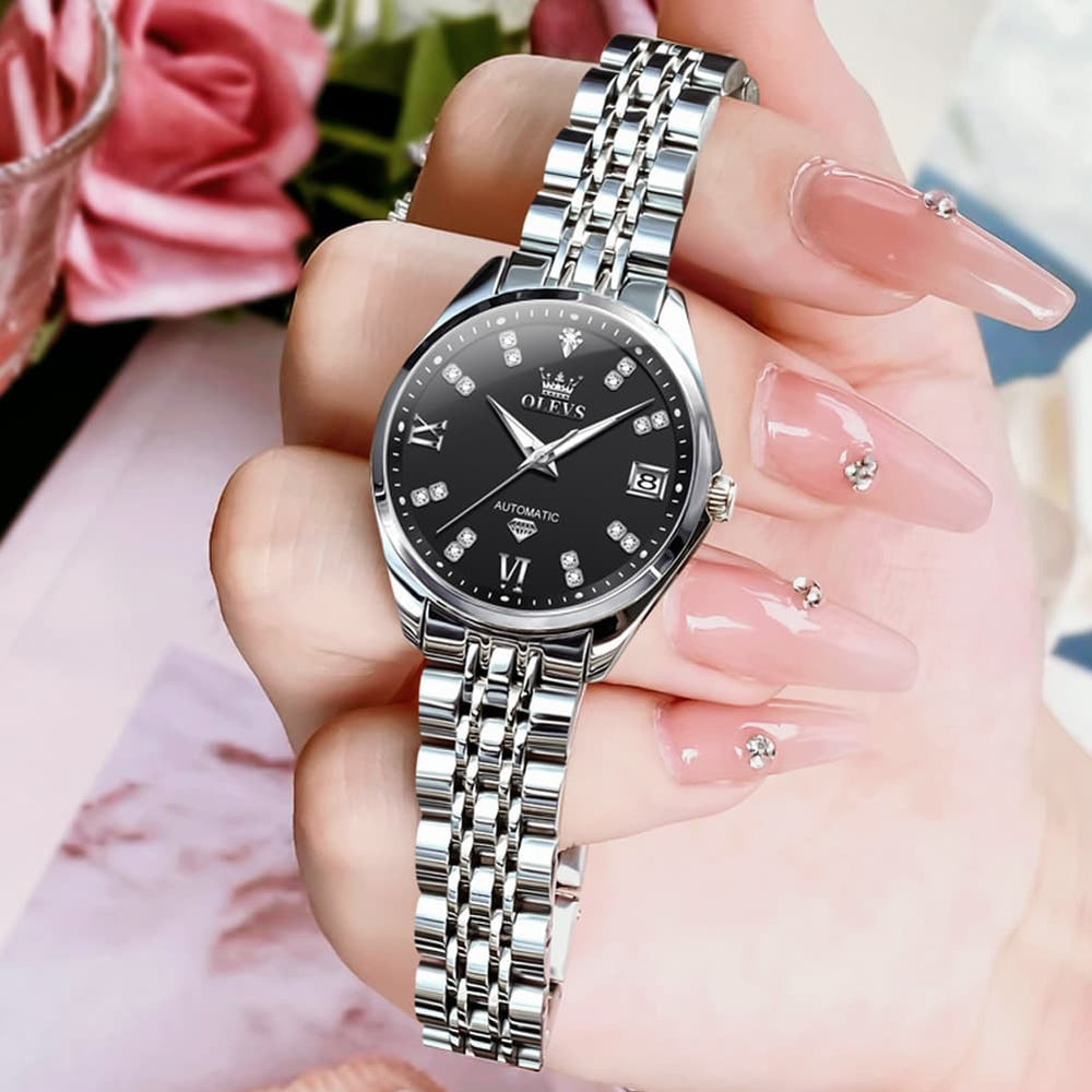OLEVS Diamond Dial Automatic Mechanical Watch 9801 Date Display for Women - Two Tone Blue Watch | Olevs Watch Store