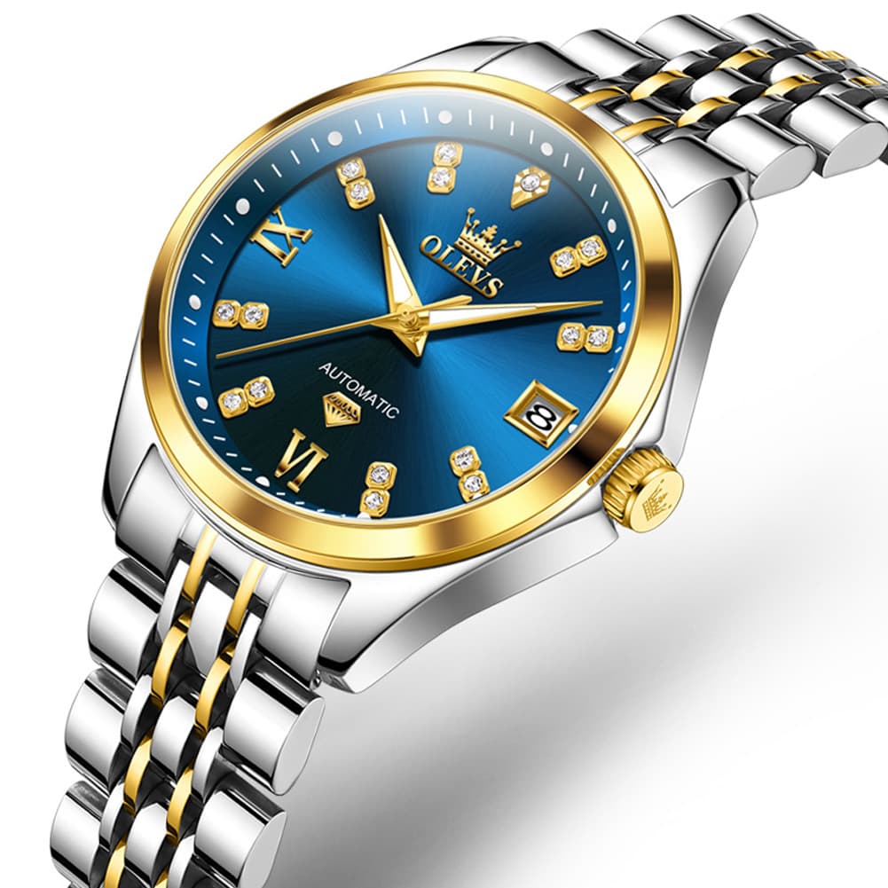 OLEVS Diamond Dial Automatic Mechanical Watch 9801 Date Display for Women - Two Tone Blue Watch | Olevs Watch Store