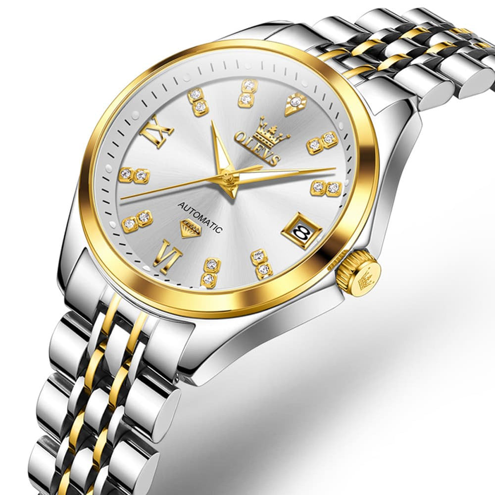 OLEVS Diamond Dial Automatic Mechanical Watch 9801 Date Display for Women - Two Tone White Watch | Olevs Watch Store