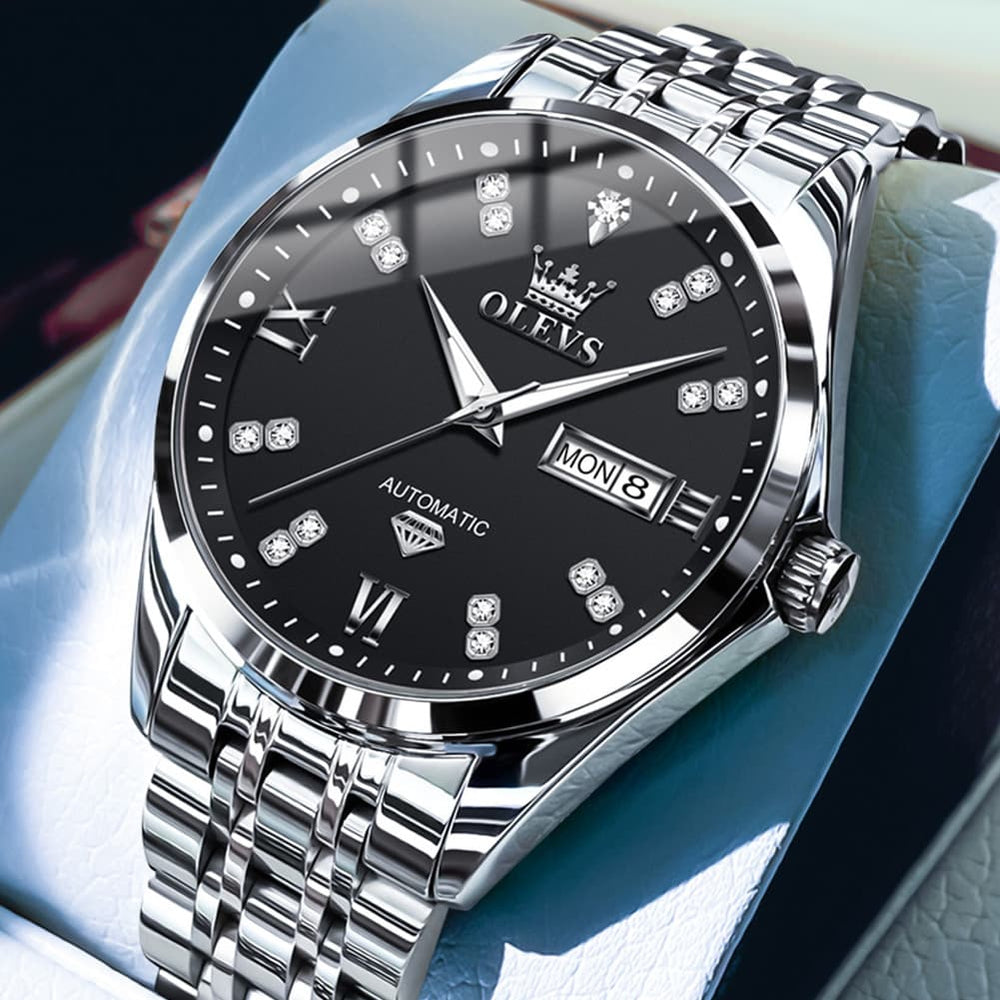 OLEVS Diamond Dial Automatic Mechanical Watch 9801 Day Date for Men - Silver Black Watch | Olevs Watch Store