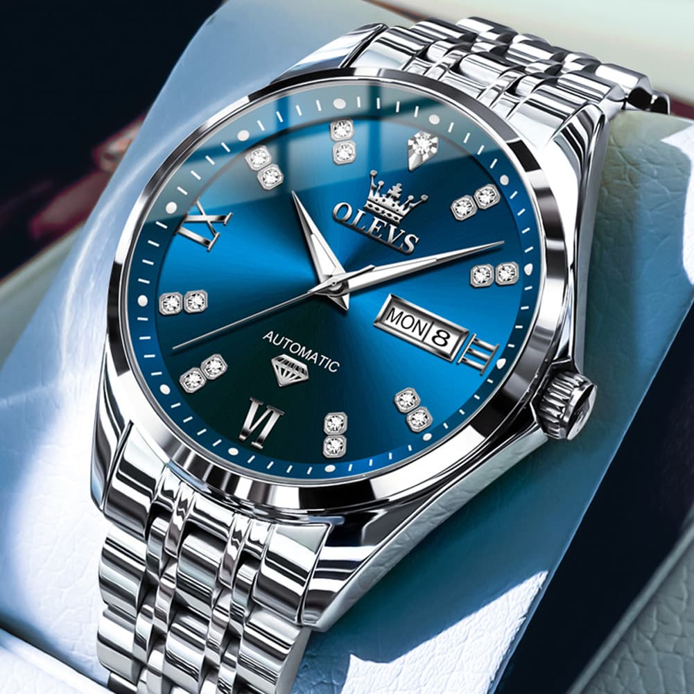 OLEVS Diamond Dial Automatic Mechanical Watch 9801 Day Date for Men - Silver Blue Watch | Olevs Watch Store