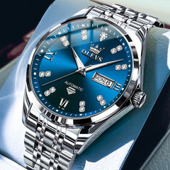OLEVS Diamond Dial Automatic Mechanical Watch 9801 Day Date for Men - Silver Blue Watch | Olevs Watch Store