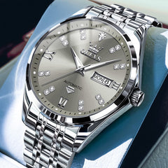 OLEVS Diamond Dial Automatic Mechanical Watch 9801 Day Date for Men - Silver Grey Watch | Olevs Watch Store